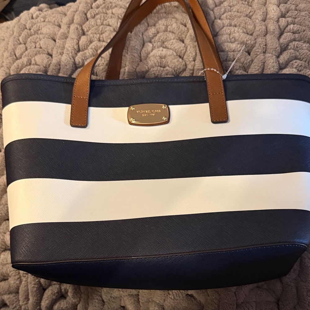 Michael Kors Navy and White Striped Tote with Brown Handles